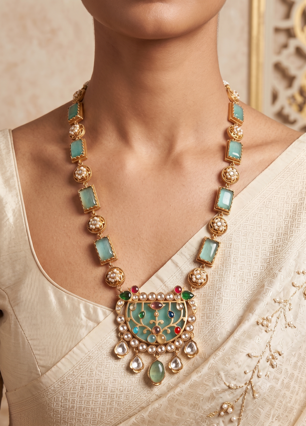 Gold-Plated Moissanite Blue Long Necklace Set for Women Jewellery Roz Jewellers.