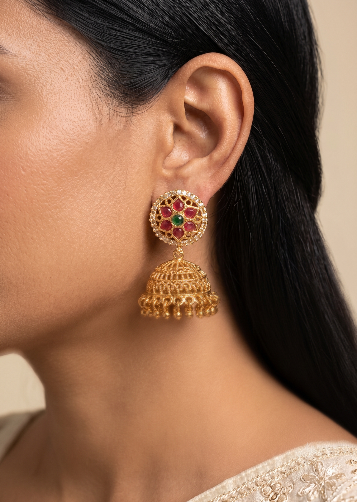 Pakistani Emerald, Ruby, Polki Stones Jhumas For Women Jewellery Roz Jewellers.