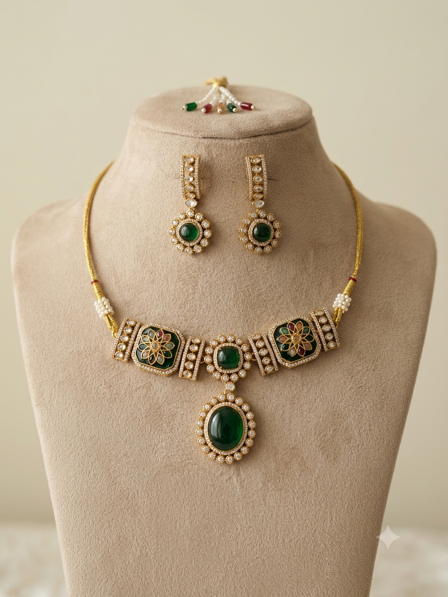 Amina Multicolour Emerald Handmade Kundan Choker Set Roz Jewellers.