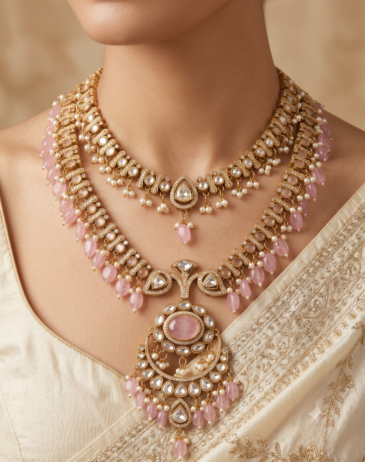 Indian Bridal Blush Pink Moissanite Necklace Set Traditional Wedding Earrings Roz Jewellers