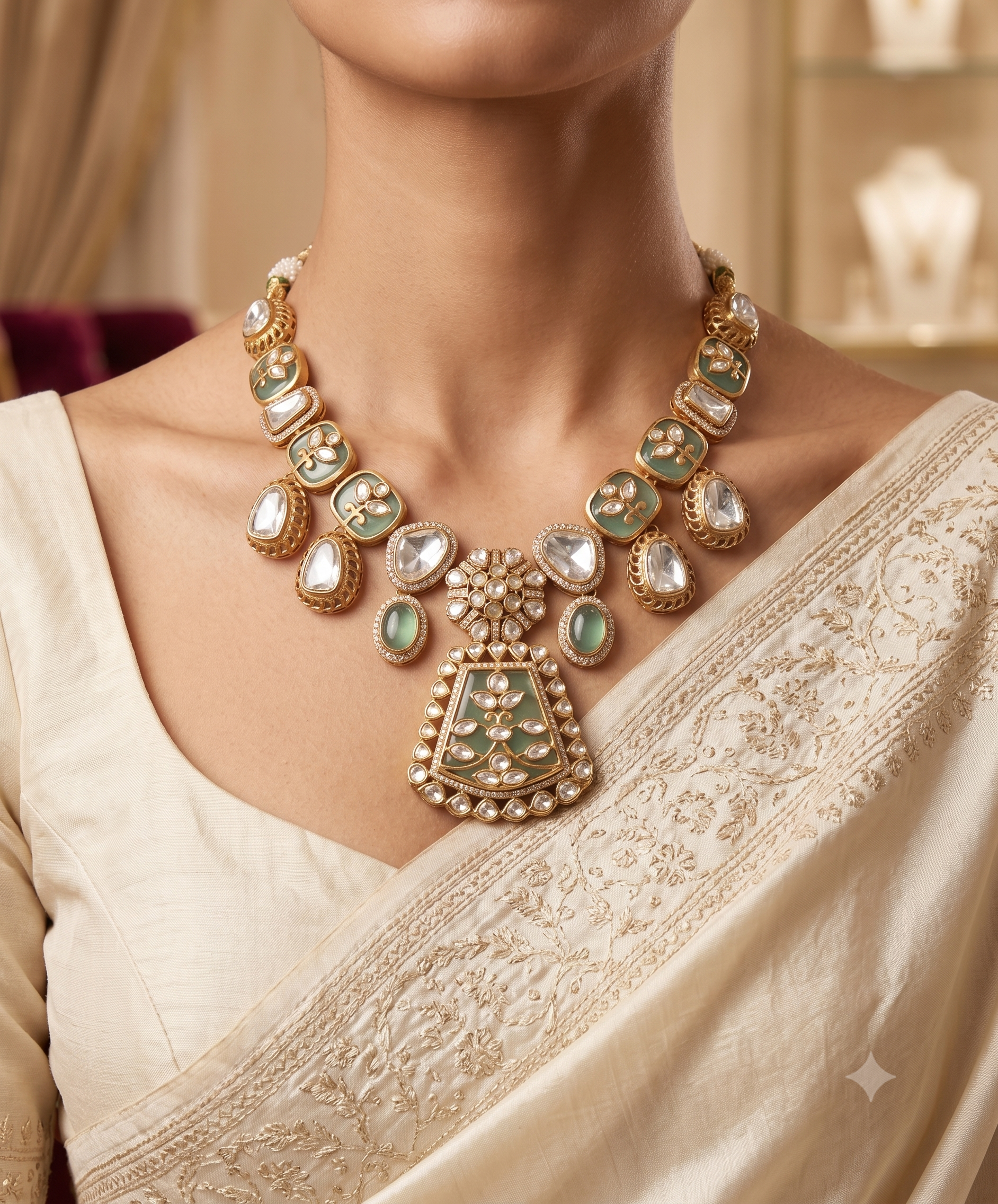 Parisa Wedding Mint Green Kundan Inspired Necklace Set Roz Jewellers.