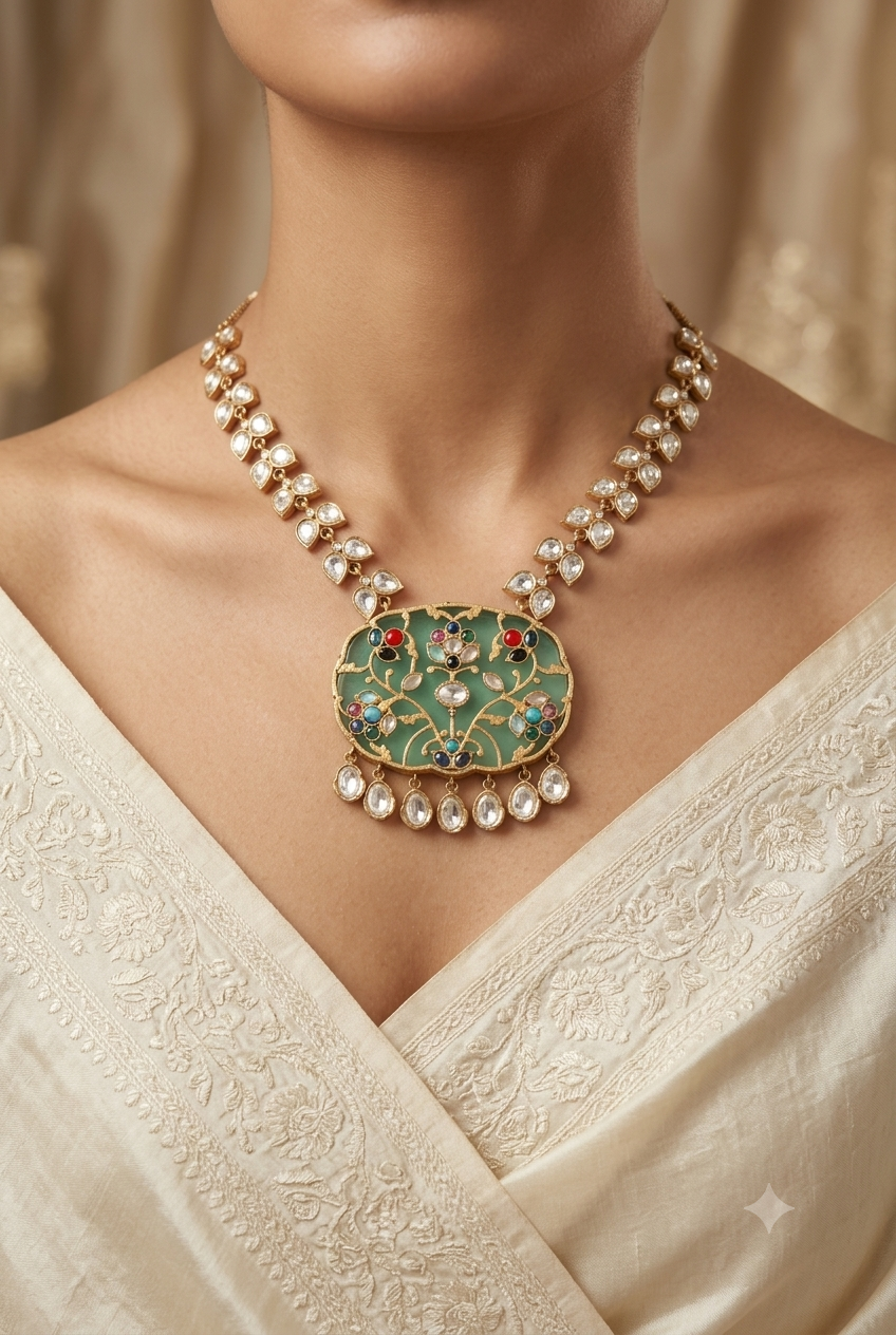 Salsabeel Pakistani Mint Green Kundan Inlay Necklace Set Roz Jewellers.