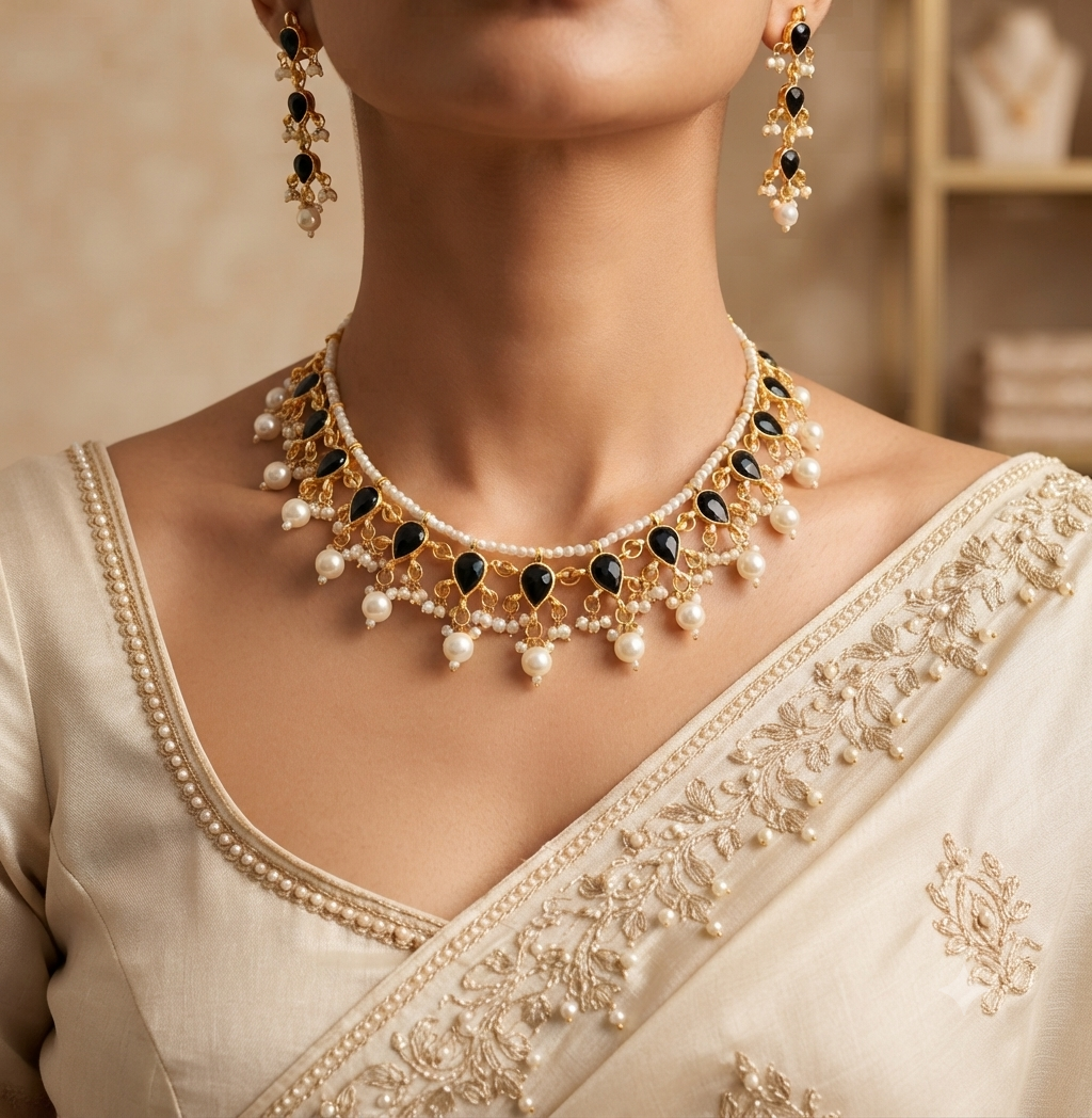 Kundan wedding necklace for women gold plated pearls black stones Mother Jewelry