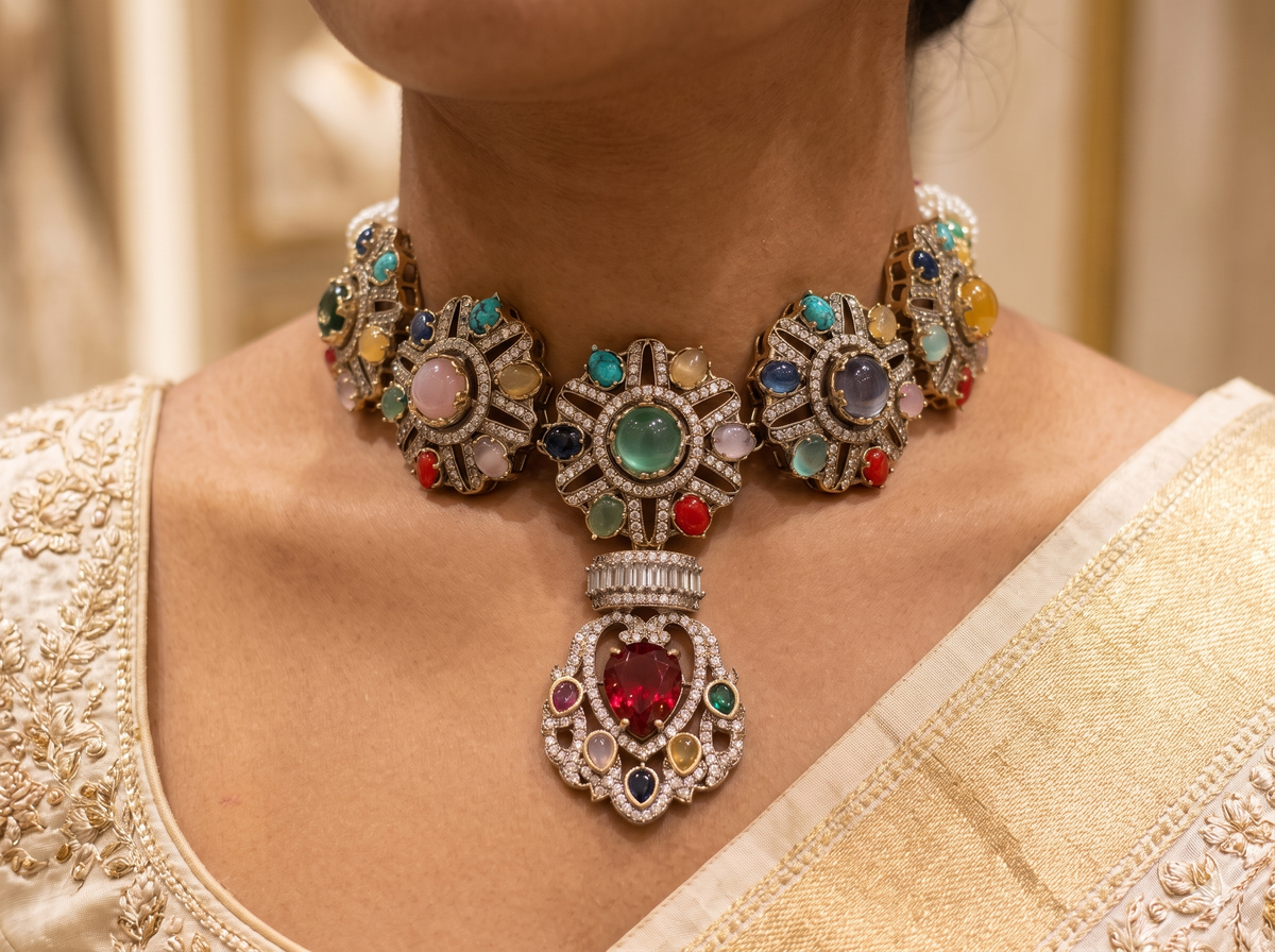 Luxury Ruby Red Moissanite Choker Necklace Set with Earrings Indian Wedding Roz Jewellers