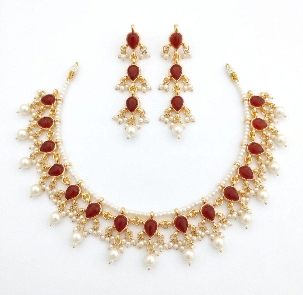 Kundan wedding necklace for women gold plated pearls red stones bridesmaid Jewelry
