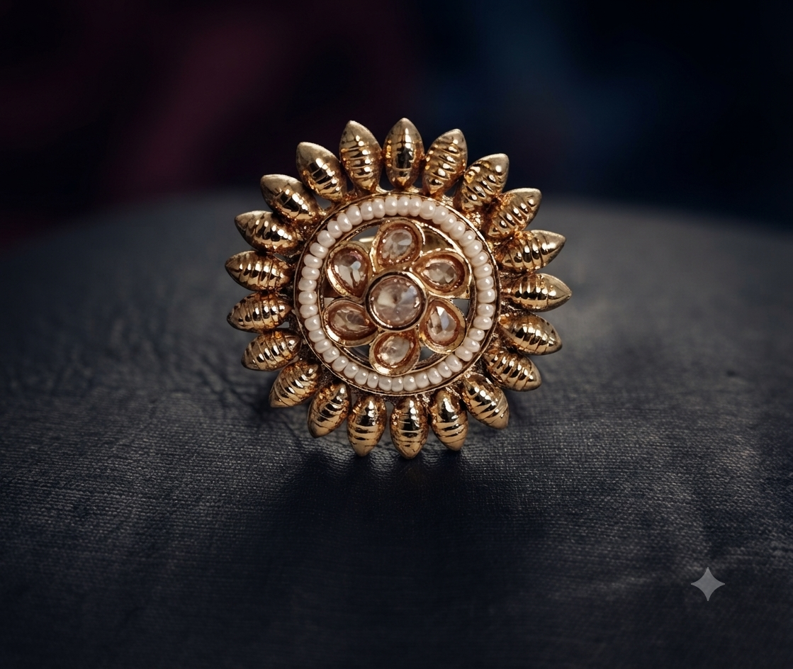Nayla Traditional Indian Wedding Ring of Polki Gold Roz Jewellers.