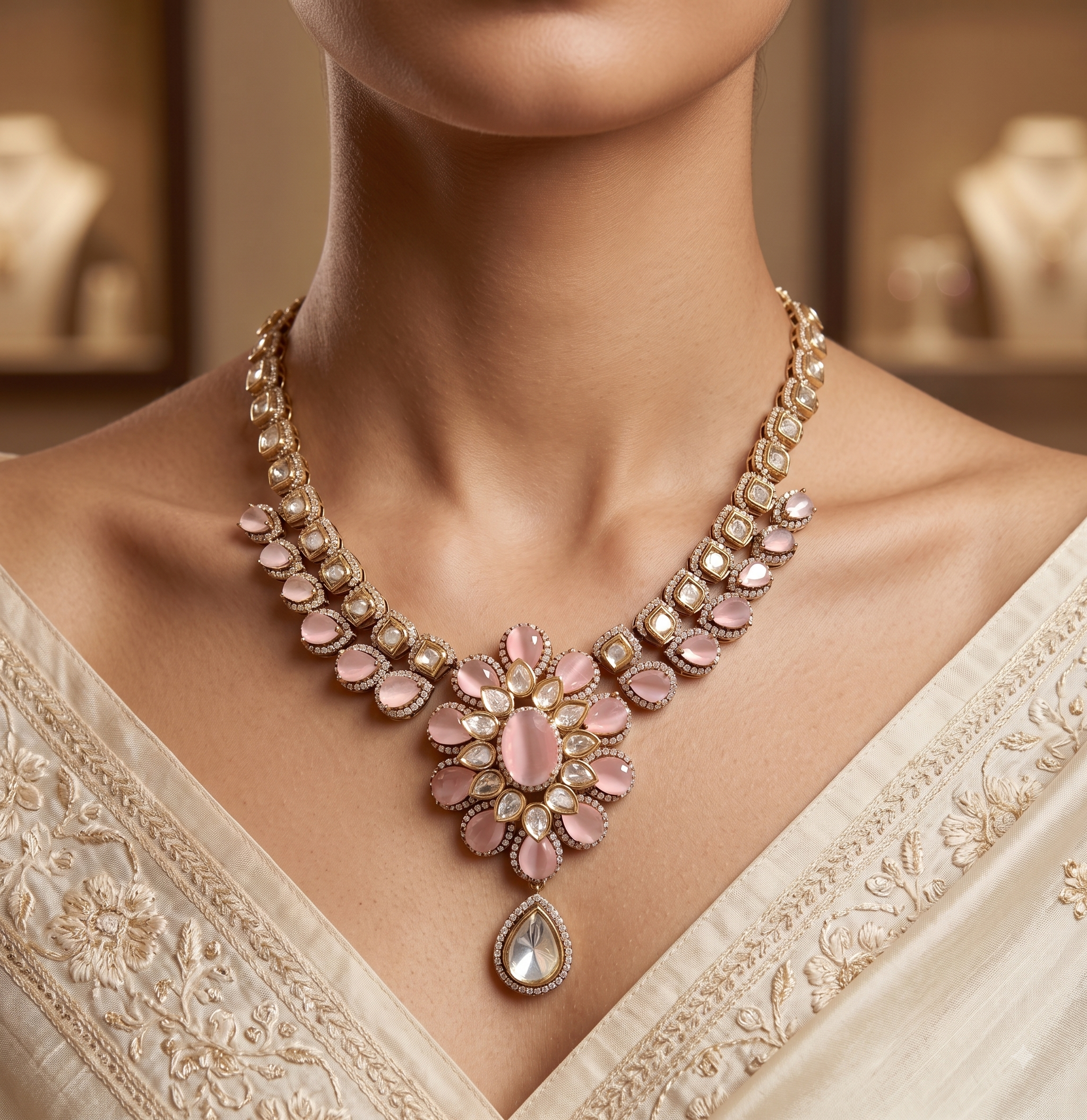 Safiya Traditional Pink Stone Kundan Necklace Set Roz Jewellers.