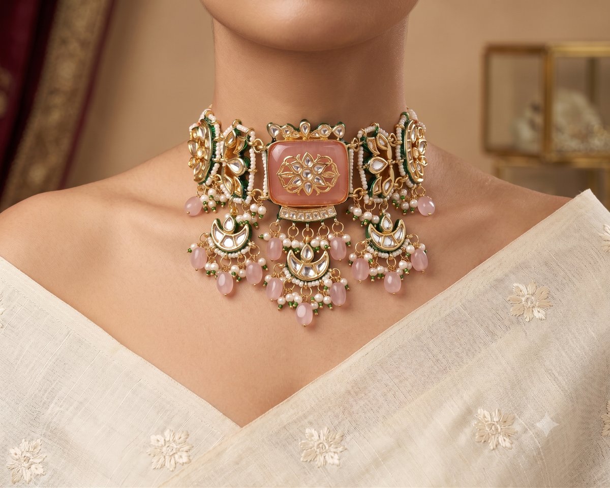 Designer Indian Pink Kundan Choker Necklace Bridal Wedding Statement Jewellery Roz Jewellers.