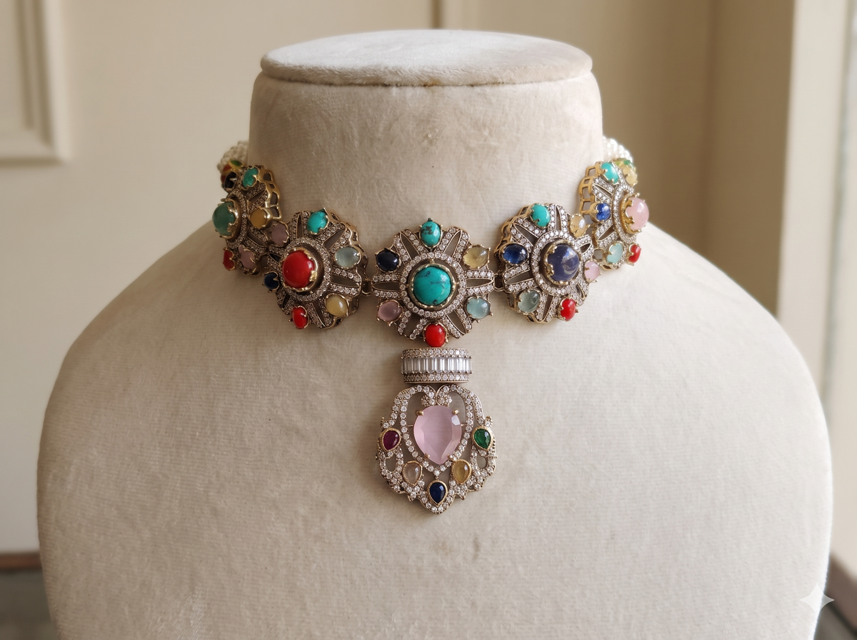 Blue Moissanite Choker Necklace Set with Matching Earrings Indian Bridal Jewelery Roz Jewellers