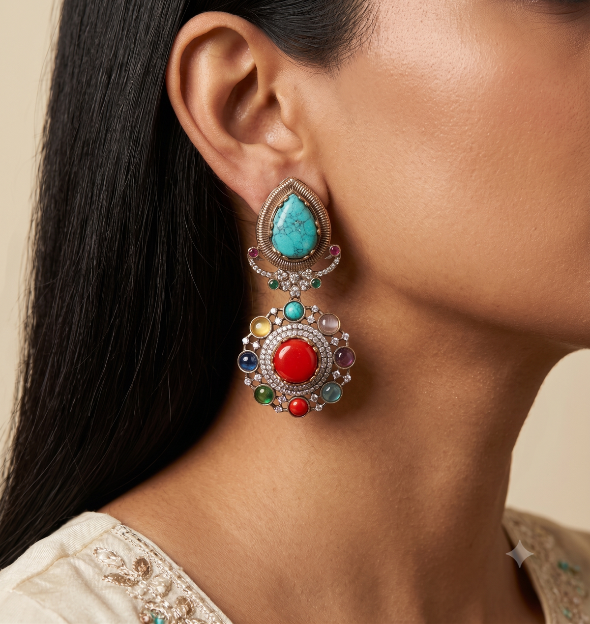 Traditional Gold-Finish Moissanite Blue and Red Drop Earrings ROZ Jewellers