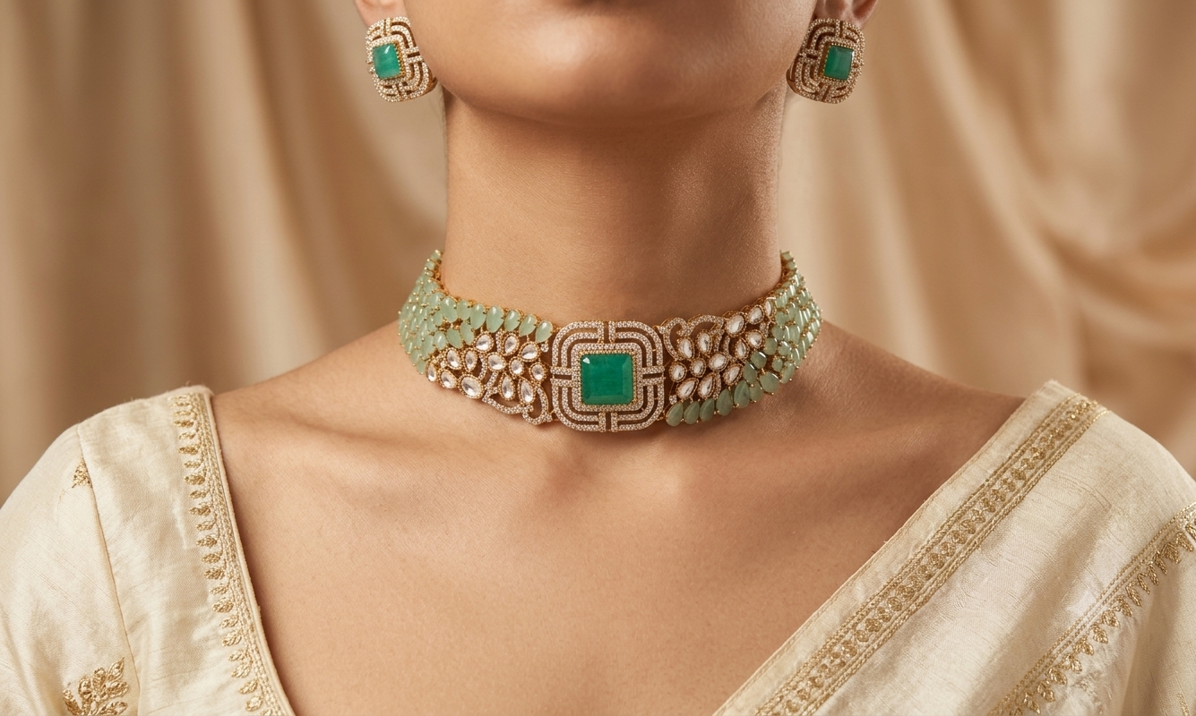 Rimsha Emerald Mint Heritage Choker Set with Matching Earrings Roz Jewellers.