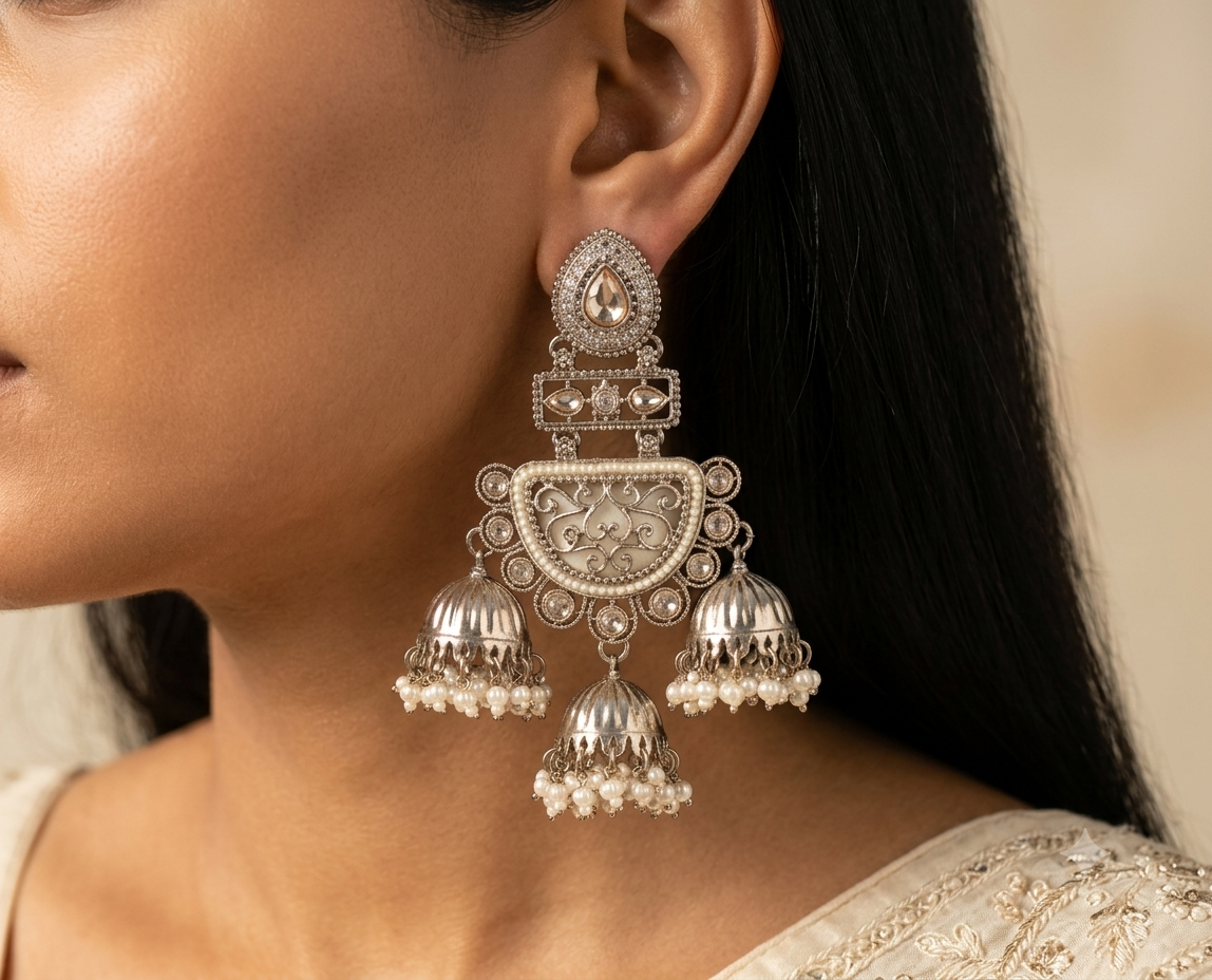 White Moissanite Jhumka Earrings Indian Traditional Ethnic Bridal Wedding Jewelry Roz Jewellers