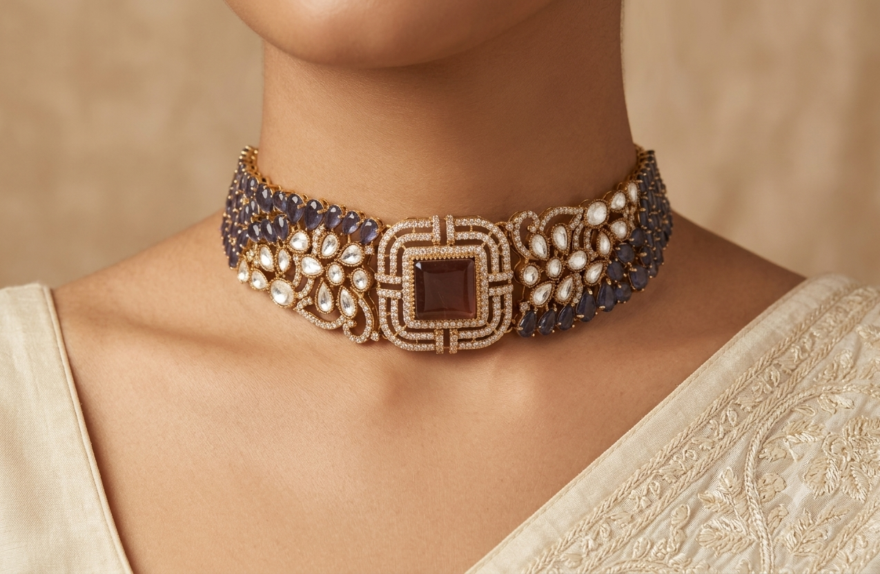 Afiya Purple Kundan With CZ stones Statement Choker Set Roz Jewellers