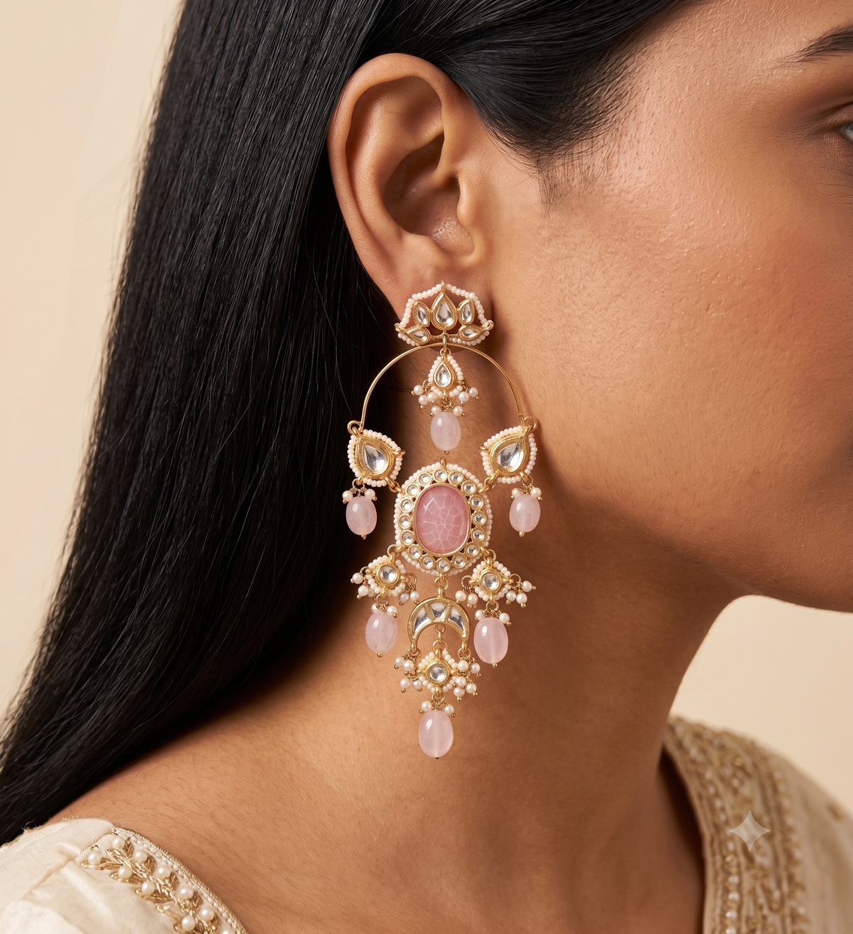 Blush Pink Chandbali Earrings Indian Kundan Bridal Jewellery for Wedding Events Roz Jewellers.