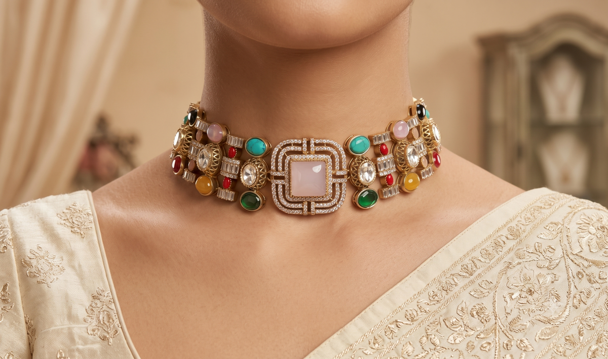 Blush Pink Moissanite Choker Necklace Designer Bridal Statement Jewelry Wedding Roz Jewellers
