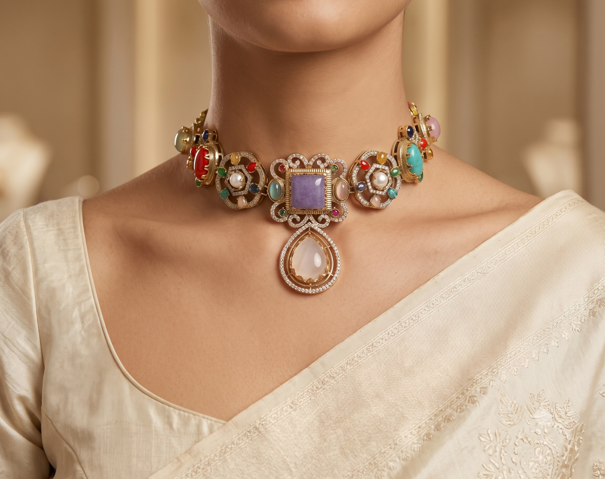 Elegant White Moissanite Multicolour Choker Necklace Wedding Ethnic Jewellery