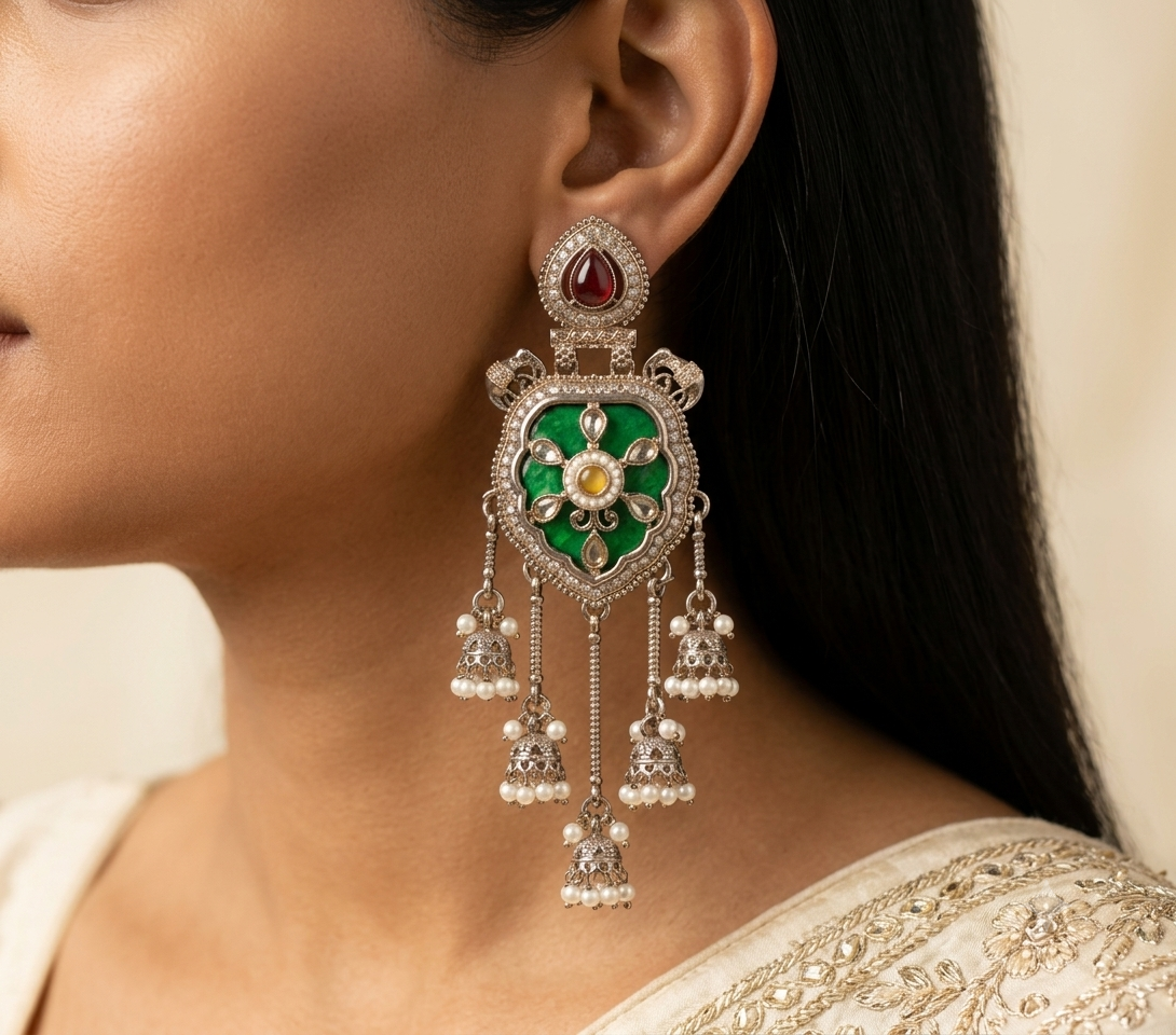 Ruby, Emerald Moissanite Style Earrings Indian Ethnic Wedding Jewelry for Women Roz Jewellers