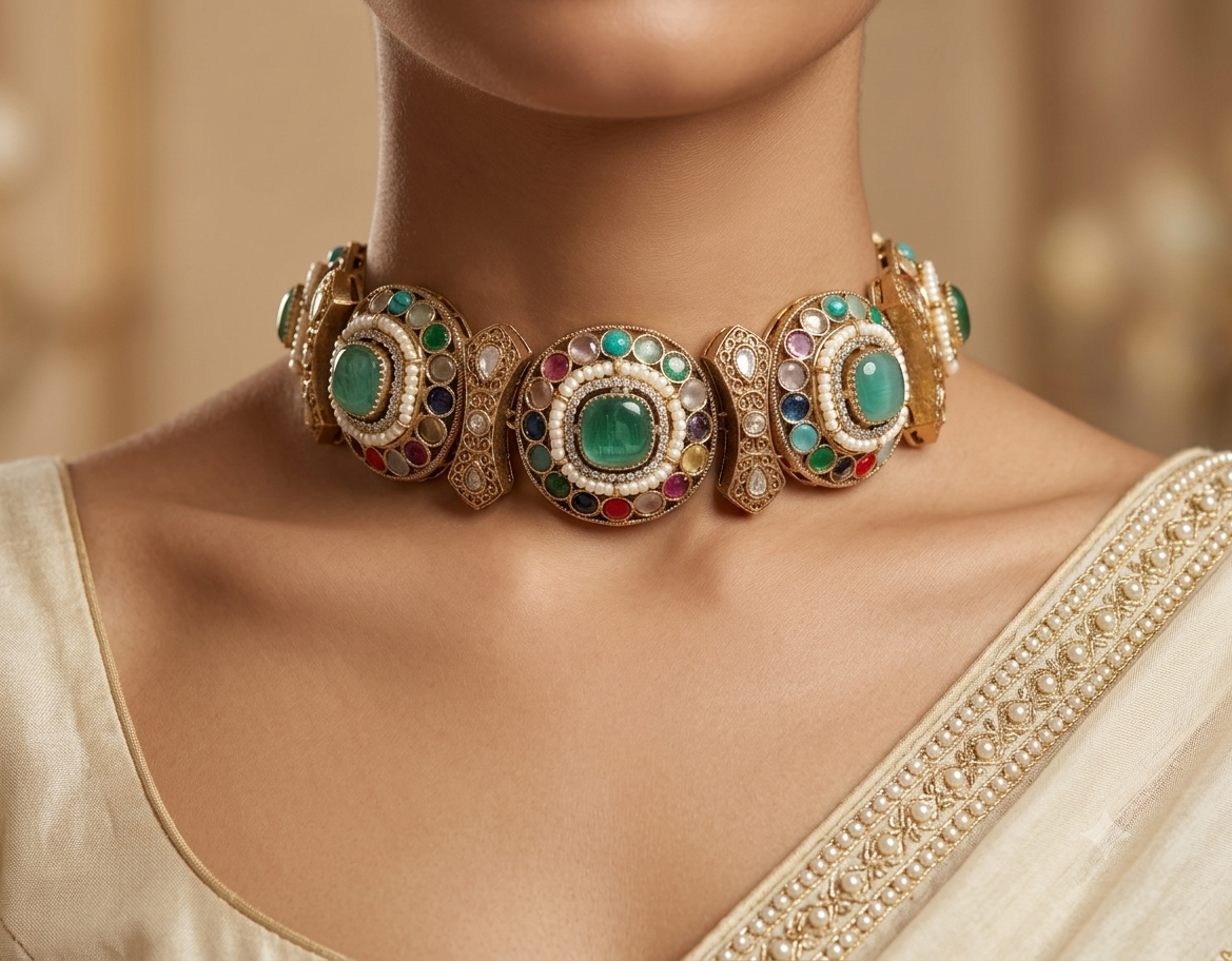Maheen Handcrafted Mint Green Heritage Necklace Kundan Choker Set Roz Jewellers.