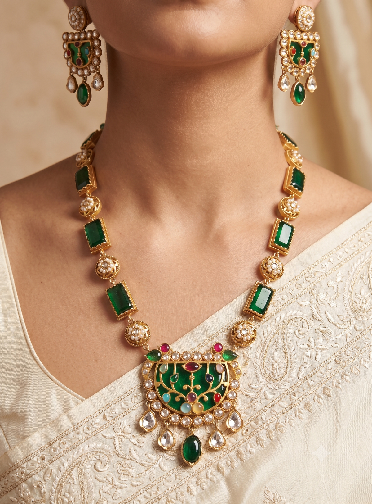 Gold-Plated Emerald Moissanite Long Necklace Set for Women Roz Jewellers.