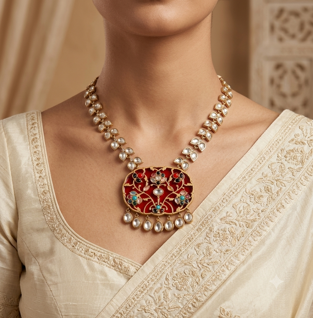 Meherunisa Royal Ruby Red Kundan Inlay Necklace Set Roz Jewellers.