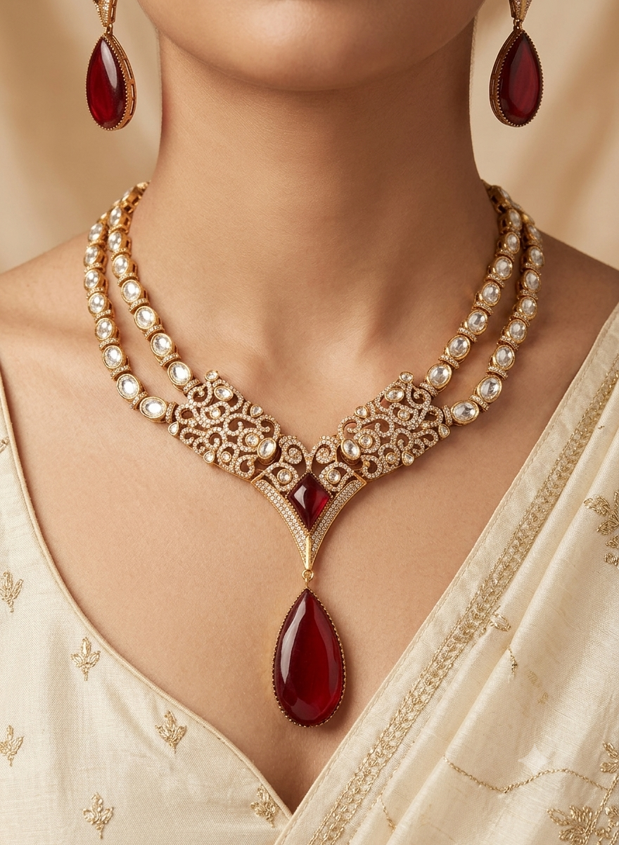 Ayra Pakistani Design Ruby Red Kundan Necklace with Teardrop Roz Jewellers.