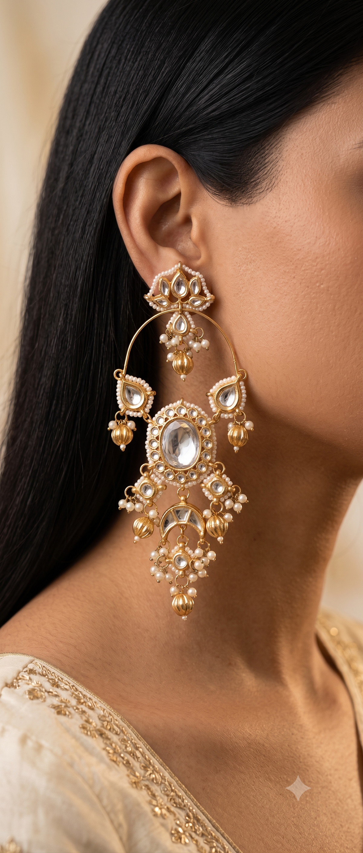 Luxury White and Gold Chandbali Earrings Indian Kundan Bridal Ethnic Roz Jewellers