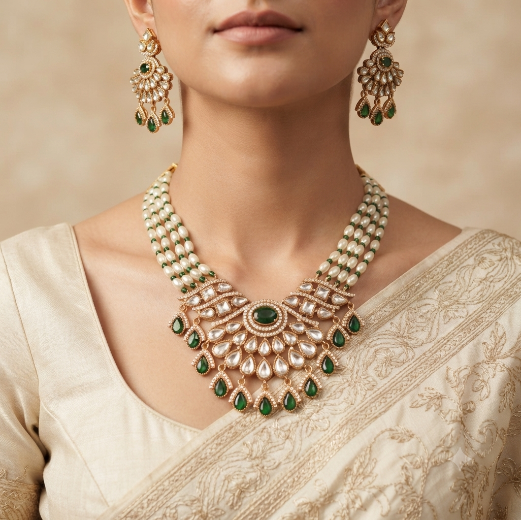 Zoya Wedding Jewelry  Kundan Moissanite Stone Necklace Earrings Jewelry Party Wear Bridal Set Roz Jewellers