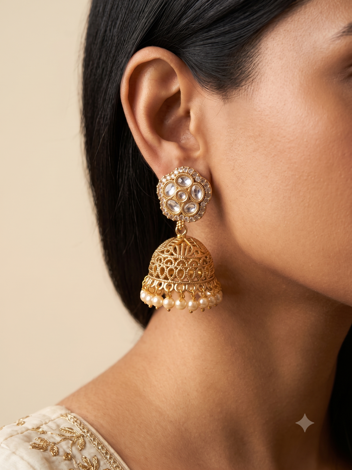 Traditional Pearl and Polki Stones Jhumas For Women Jewellery Roz Jewellers.