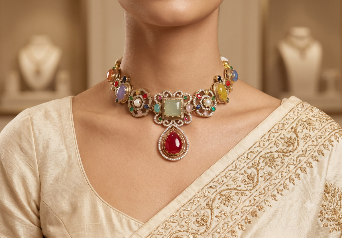 Ruby Moissanite Multicolour Choker Necklace Women Indian Wedding Bridal Jewellery Roz Jewellers