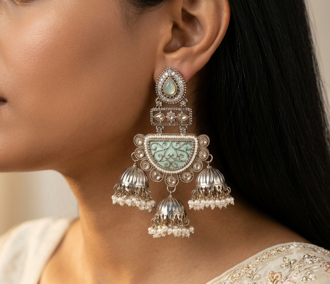 Mint Green Indian Moissanite Jhumka Earrings Traditional Bridal Statement Jewelry Roz Jewellers