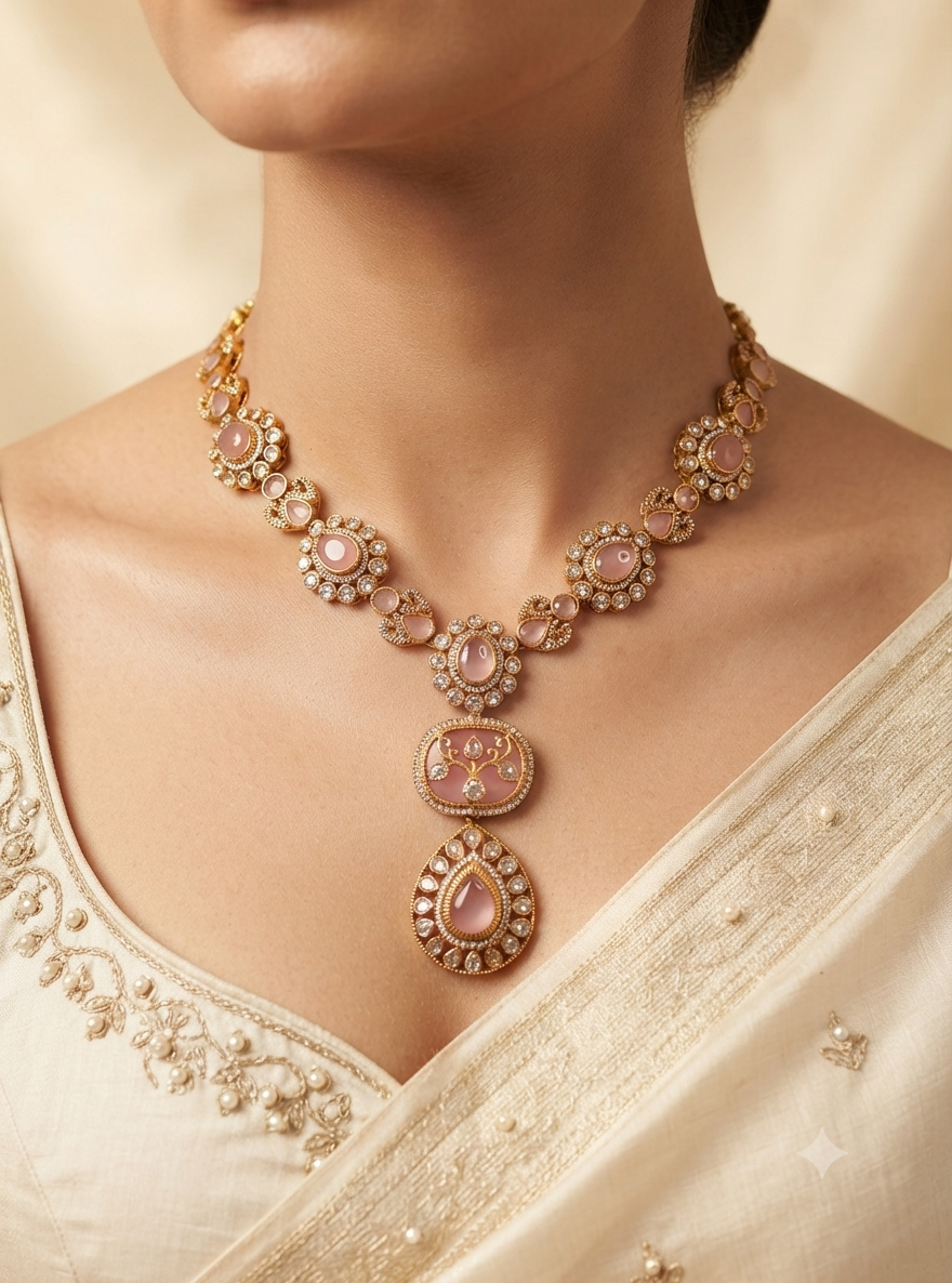 Ruhani Party Wear Blush Pink Kundan Necklace Set Roz Jewellers.