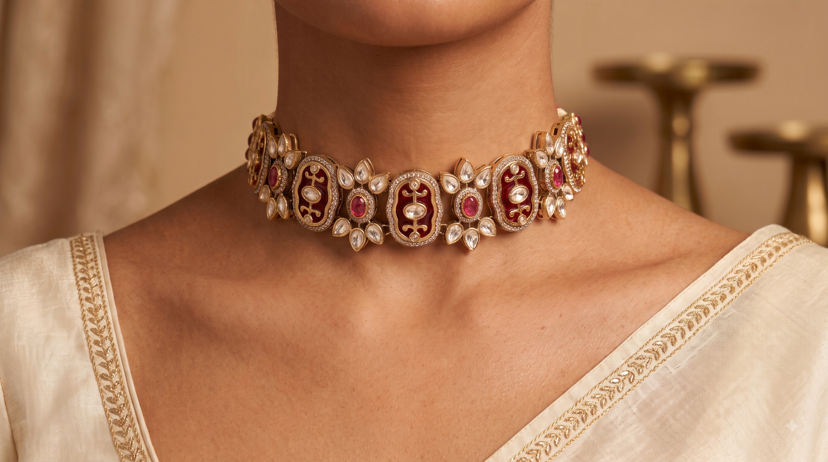 Nisha Traditional Ruby Red Kundan Choker Set With Matching Earring Roz Jewellers.