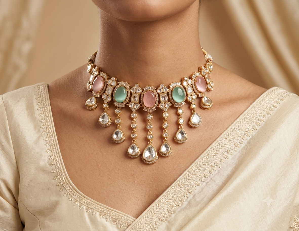 Tasneem Pakistani Wedding Jewelry Kundan Choker Necklace Set with Matching Earrings ROZ Jewellers.