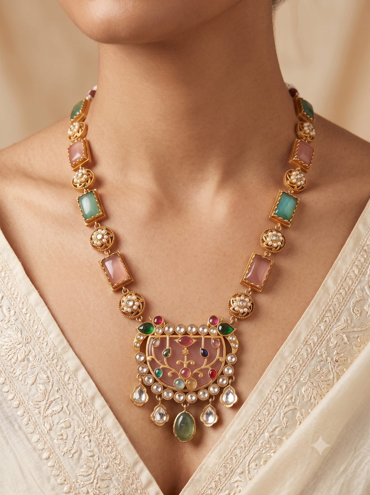 Traditional Moissanite Pastel Pink, Mint Green Long Necklace Set Roz Jewellers.