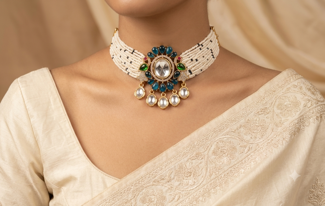 Alaira Blue Cubic Zirconia Kundan Pearl Designer Choker Roz Jewellers.