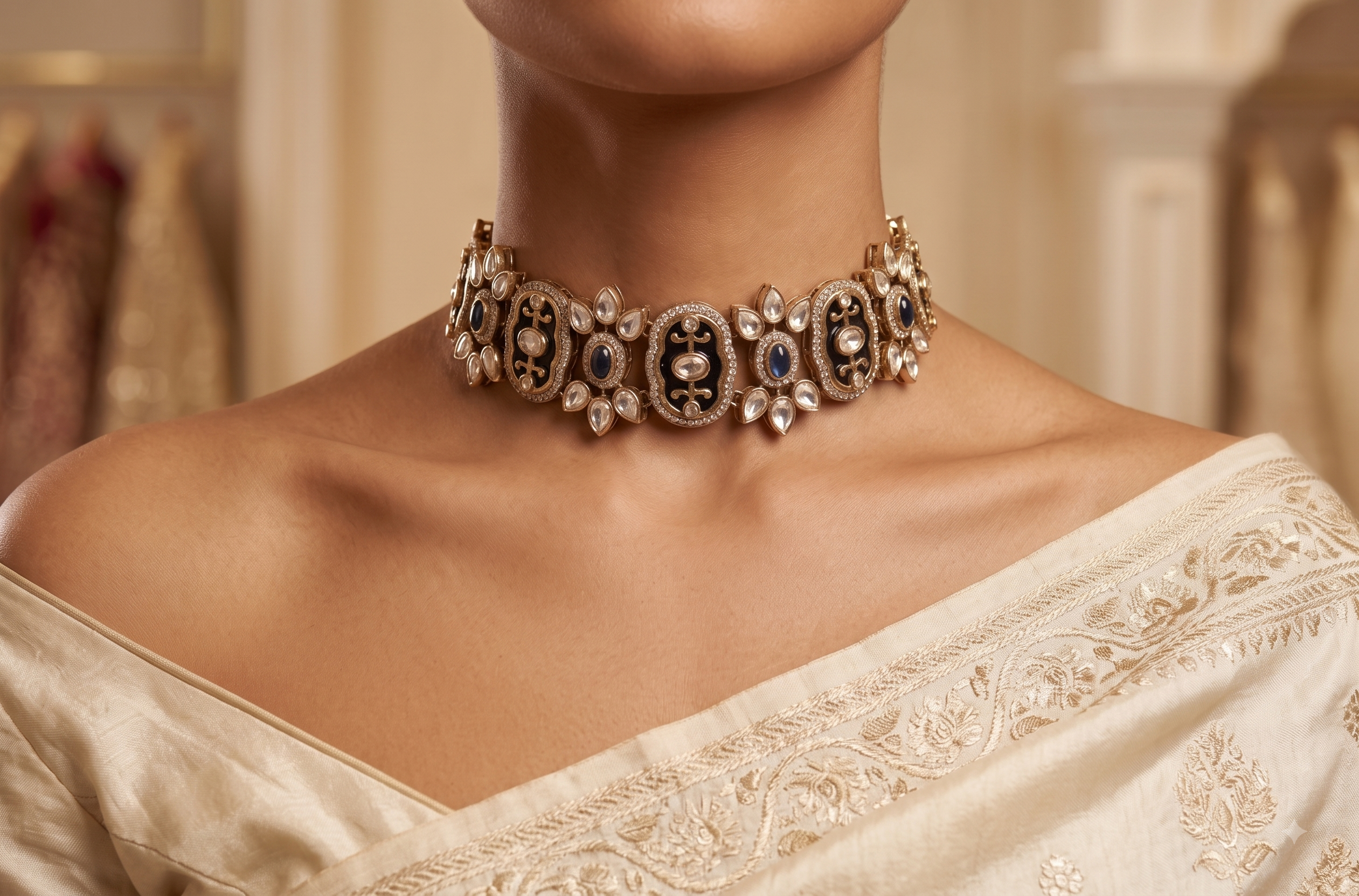 Gulista Wedding Blue Kundan Choker Set With Matching Earring Roz Jewellers.