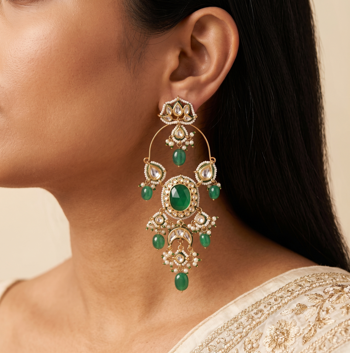 Luxury Emerald Green Chandbali Earrings Kundan Bridal Ethnic Statement Jewellery Roz Jewellers.