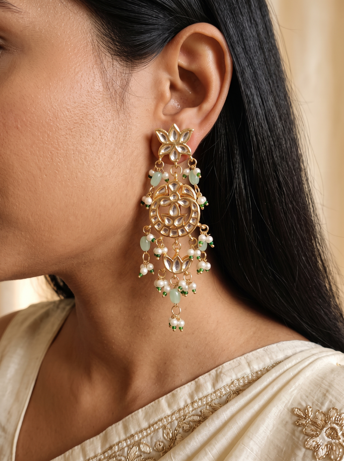 MInt Green Indian Bridal Kundan Earrings with Pearl Bead Tassels for Women Roz Jewellers