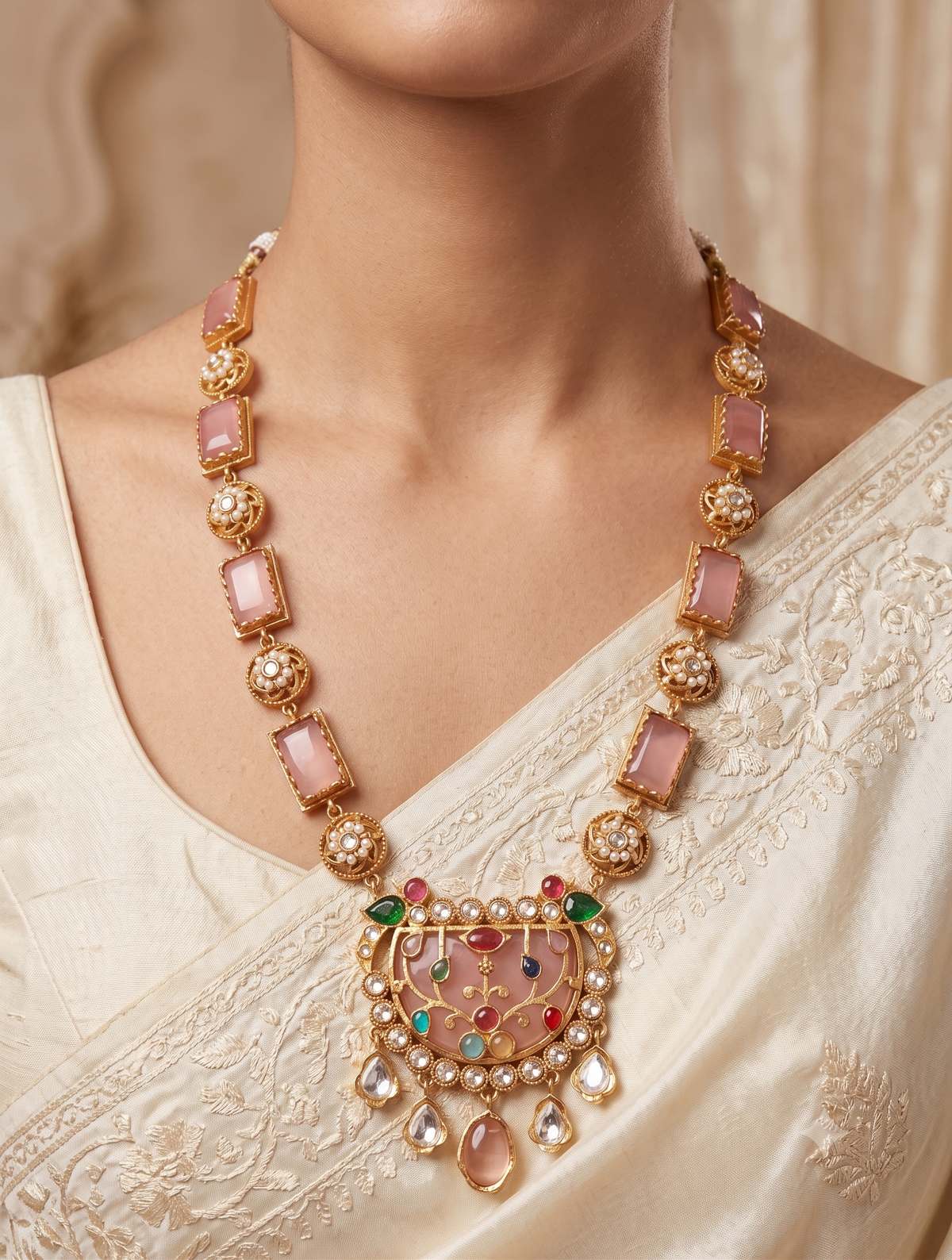 Gold-Plated Moissanite Blush Pink Long Necklace Set for Women Roz Jewellers.