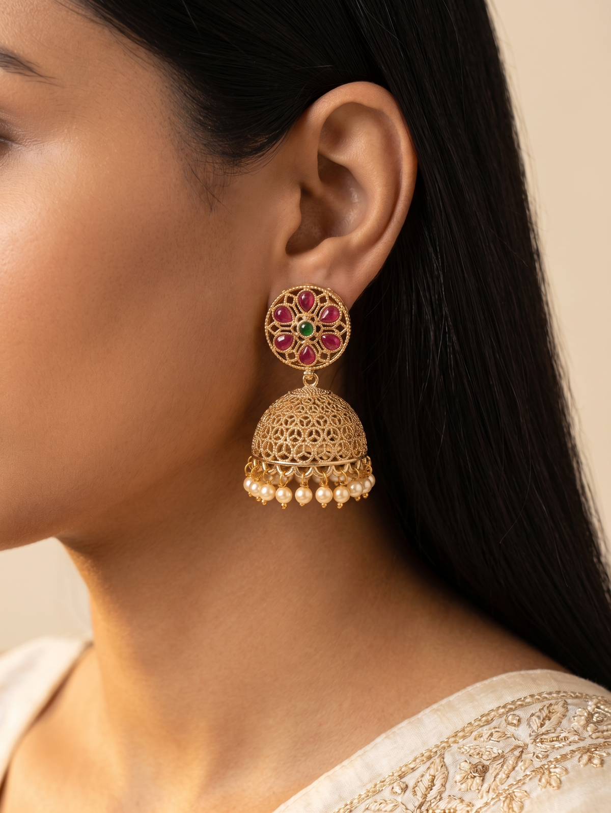 Pakistani Ruby, Emerald Gold Filigree Polki Jhumka with Pearl Roz Jewellers.