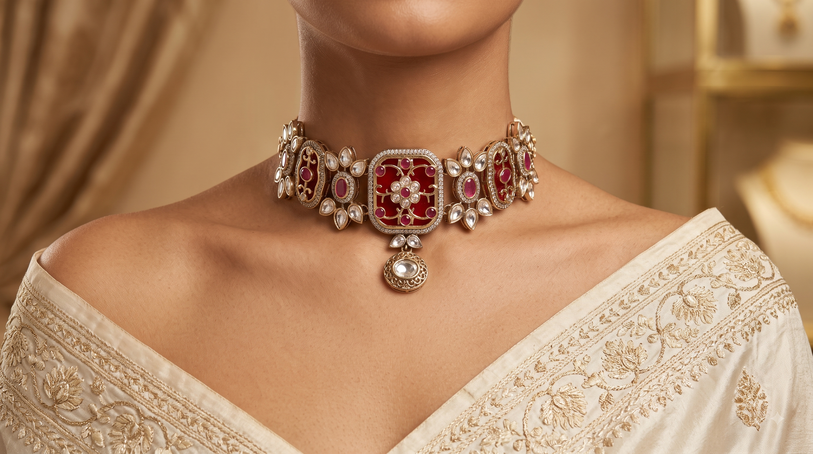 Sehr Classic Red Kundan Choker Set With Matching Earrings Roz Jewellers.