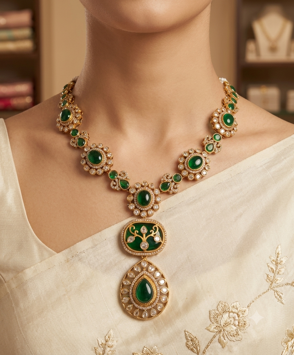 Nadira Luxury Bridal Emerald Floral of Kundan Necklace Set Roz Jewellers.