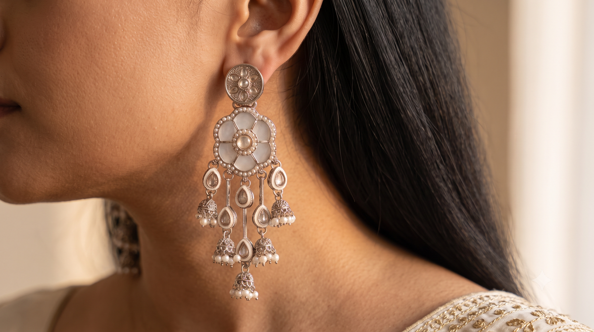 Moissanite White Luxury Statement Earrings Pearl Drop Ethnic Bridal Jewelry Roz Jewellers
