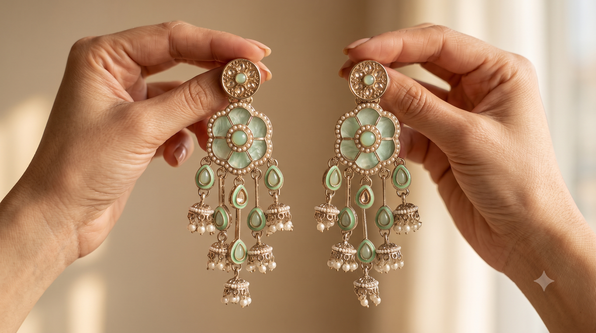 Mint Green Moissanite Chandelier Earrings for Women Floral Pearl Drop Jewelry Roz Jewellers