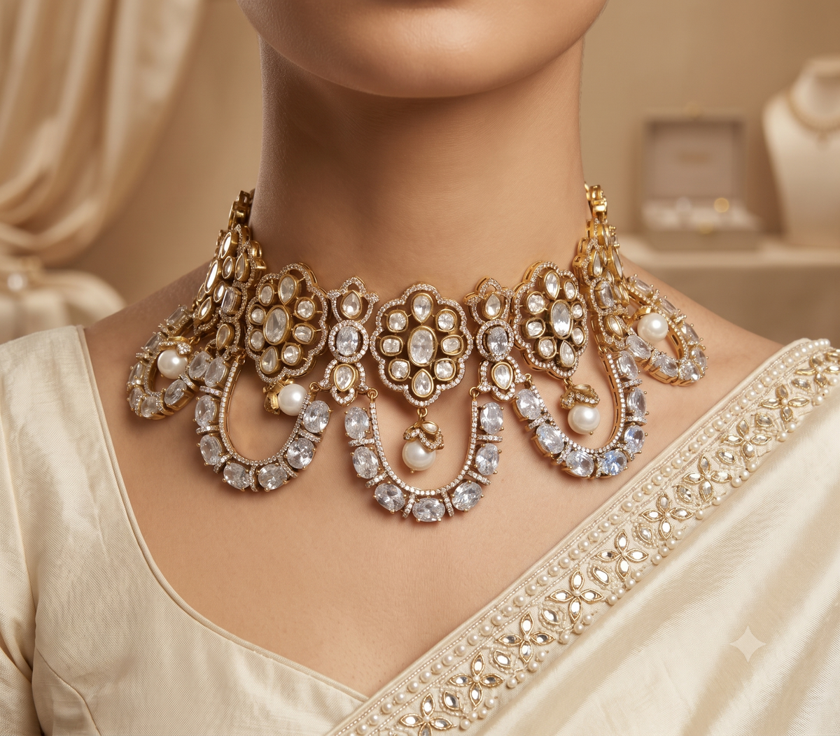 White Moissanite Choker Necklace Bridal Wedding Jewellery Luxury Statement Set.