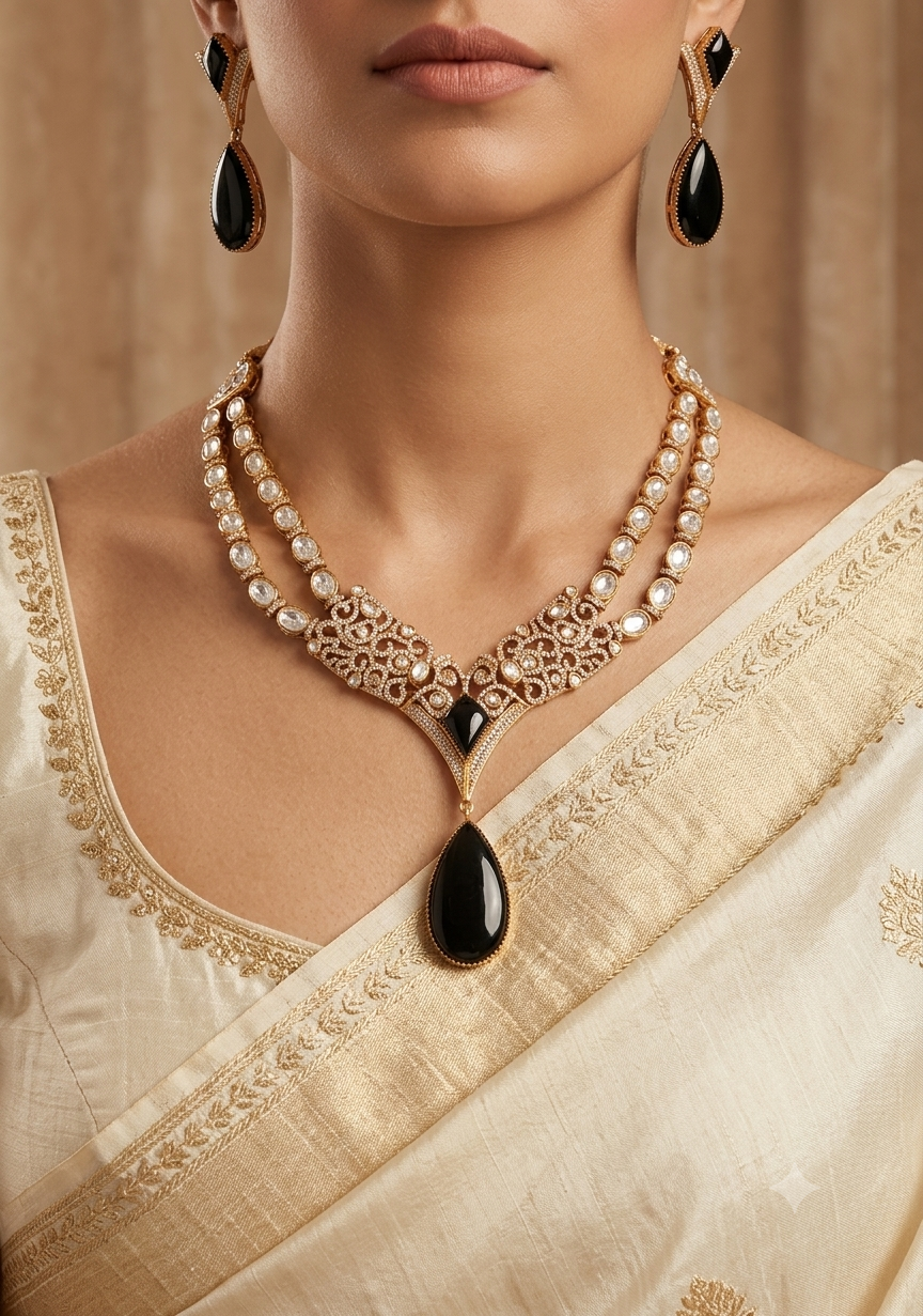 Mehar Indian Bridal Black Onyx Kundan Necklace Set Roz Jewellers.