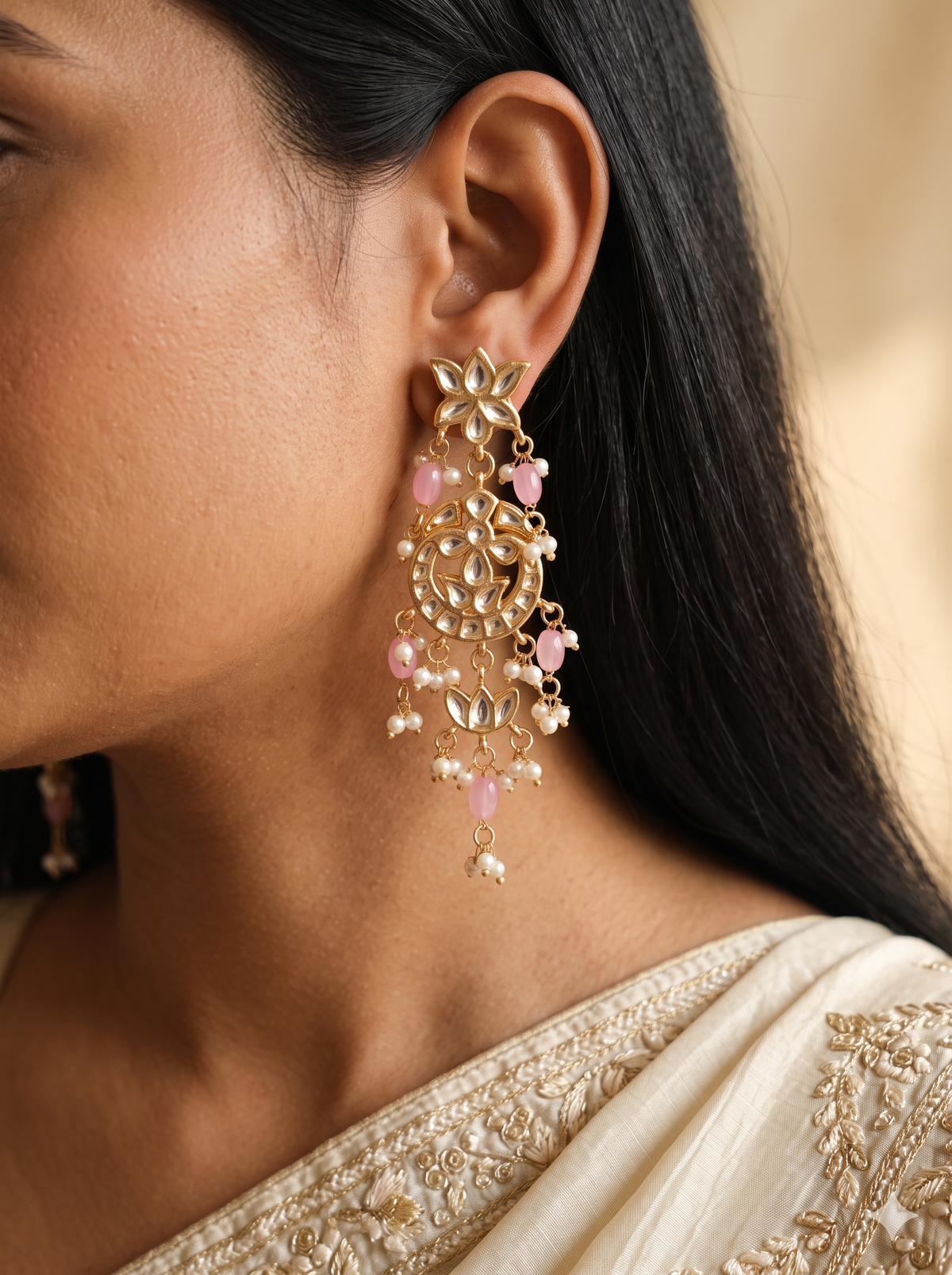Blush Pink Floral Kundan Dangle Earrings for Women Wedding Festive Wear Roz Jewellers