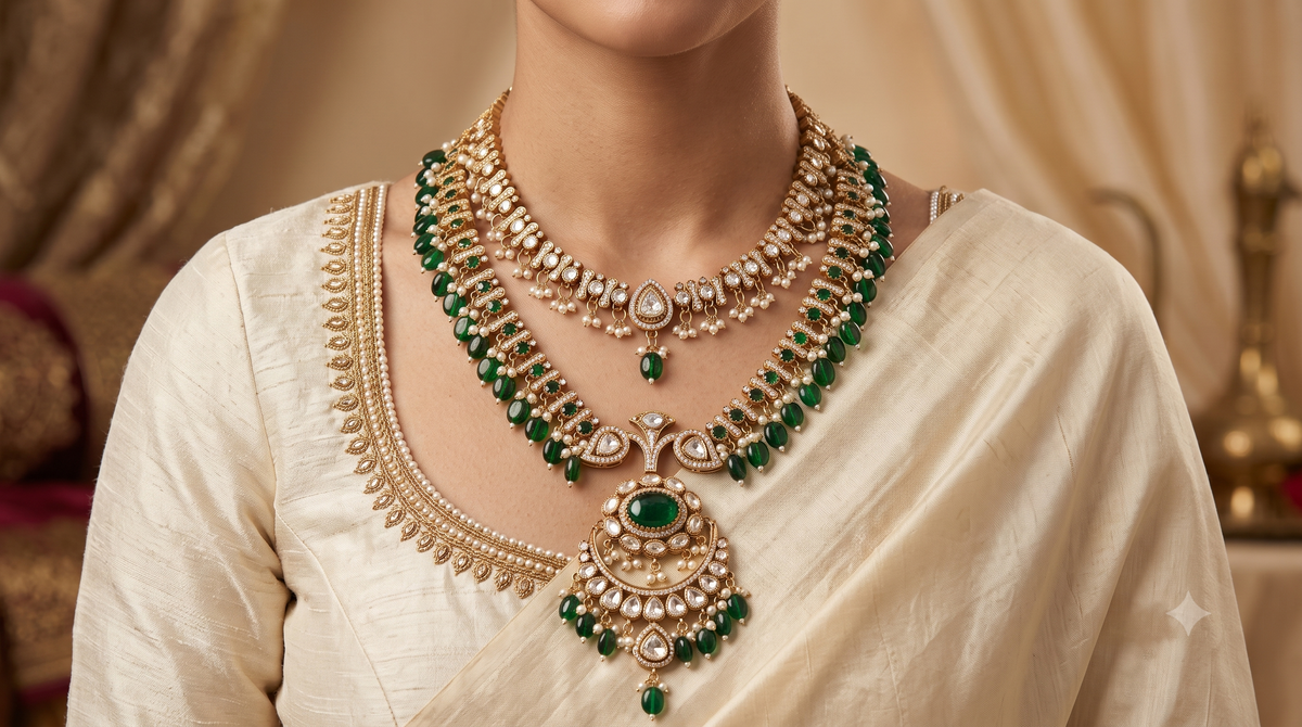Luxury Emerald Moissanite Indian Necklace Set Bridal Wedding Jewelry Earrings Roz Jewellers