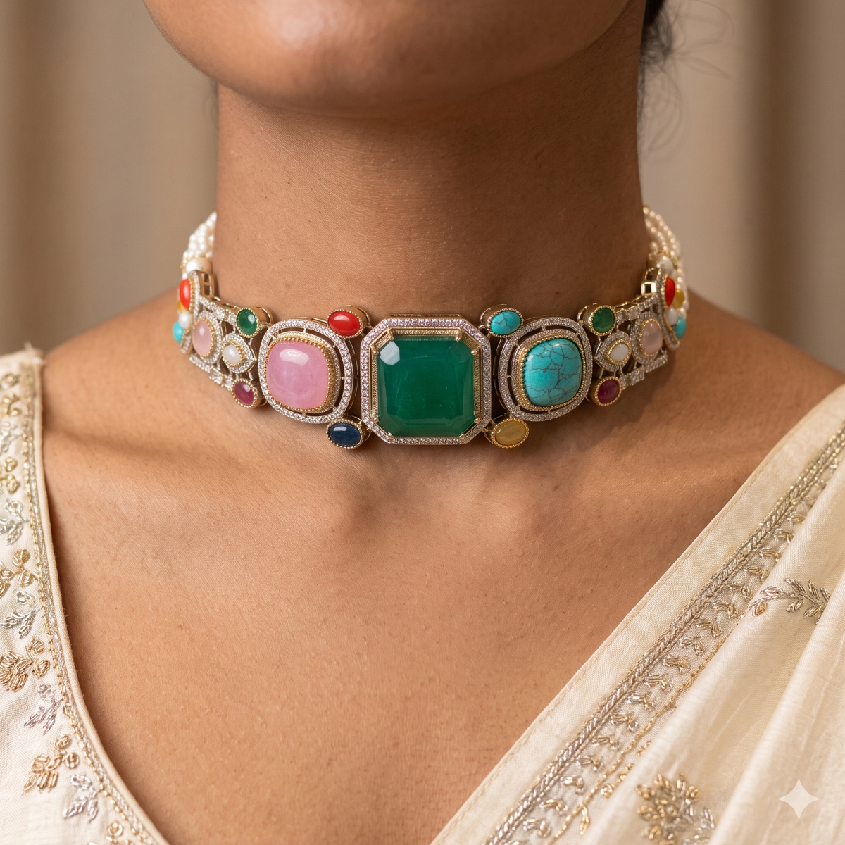 Elegant Emerald Moissanite Choker Necklace Multi Stone Design Festive Jewellery Roz Jewellers