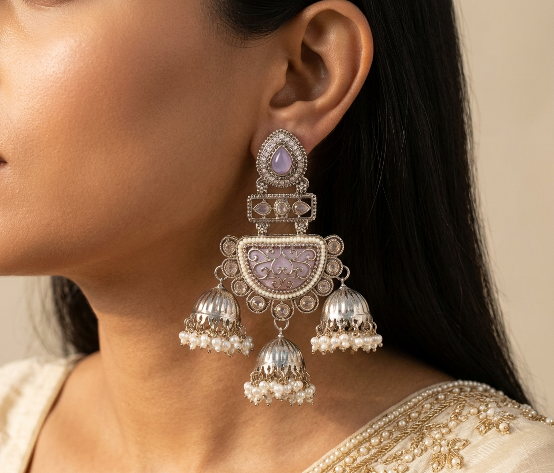 Purple Indian Moissanite Jhumka Earrings Traditional Bridal Statement Jewelry Roz Jewellers